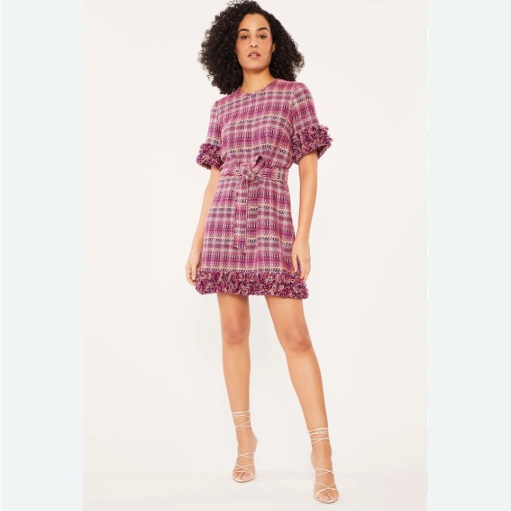 Cinq à Sept 5à7 Purple Tweed/Bouclé Fringe Belted Mini Dress Size 6